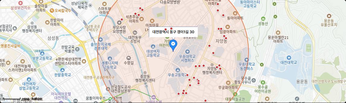 반경 1km로 넓힌 지도