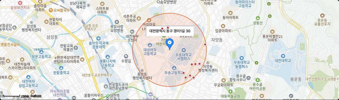 반경 500m 원으로 표시된 지도